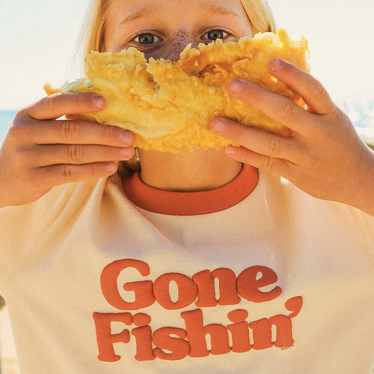 *COMING SOON* Gone Fishin Kids Boxy Ringer Tee in Off White