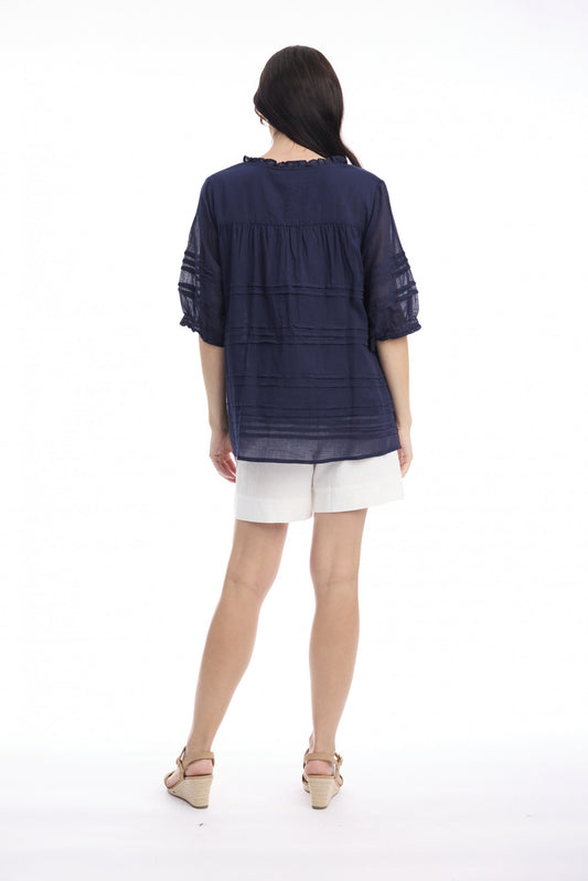 Essentials Pleated Cotton Top | Navy