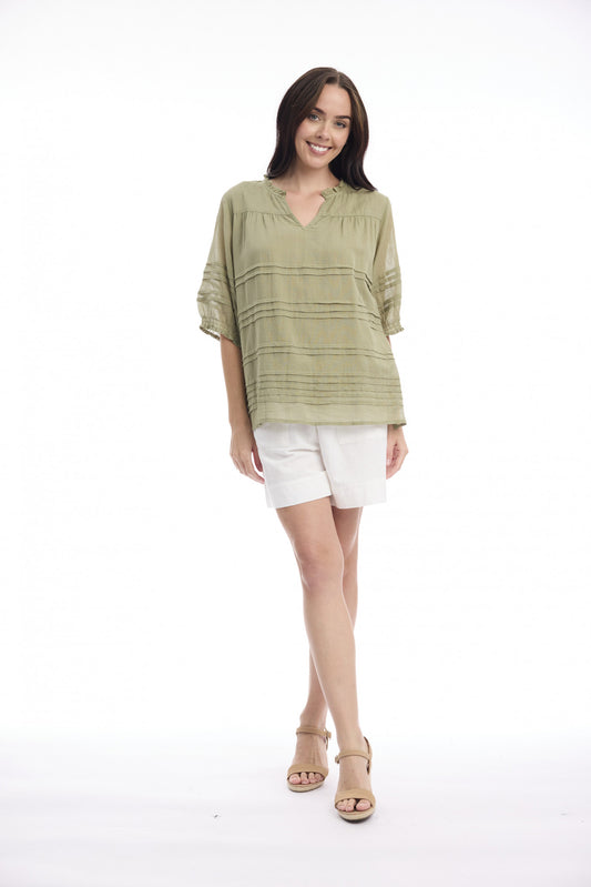 Cotton Gauze Pleated Top | Khaki