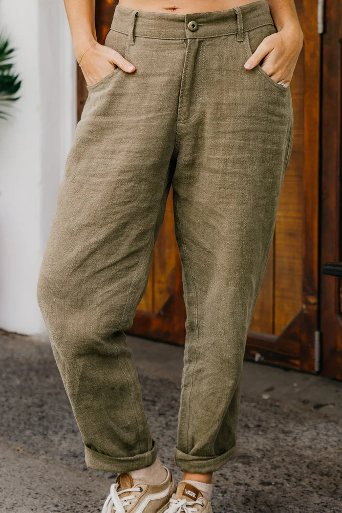 Miller Unisex Textured Linen Pants | Khaki Green