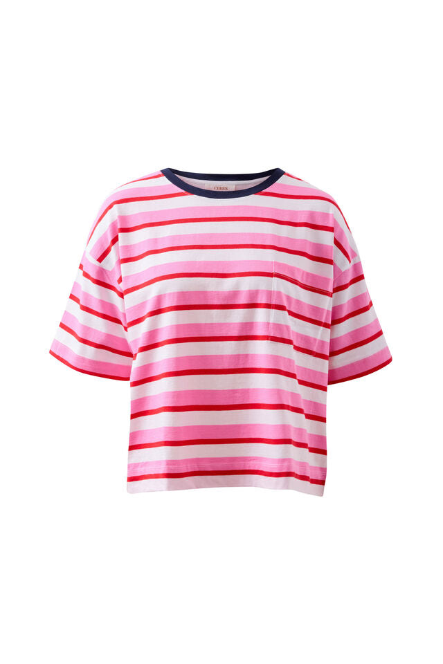 Boa Boxy Pocket Tee | Hibiscus/Heritage Red Stripe