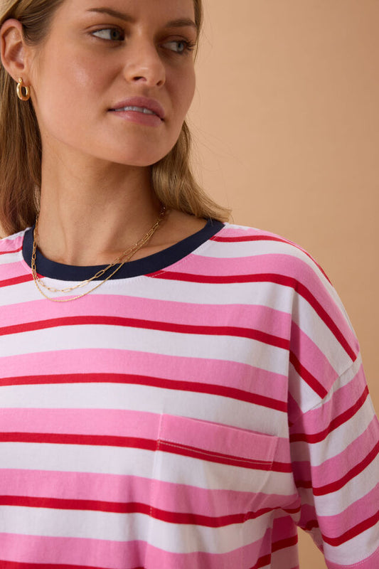 Boa Boxy Pocket Tee | Hibiscus/Heritage Red Stripe