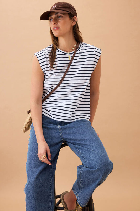 Extended Shoulder Tee | White/French Navy Stripe