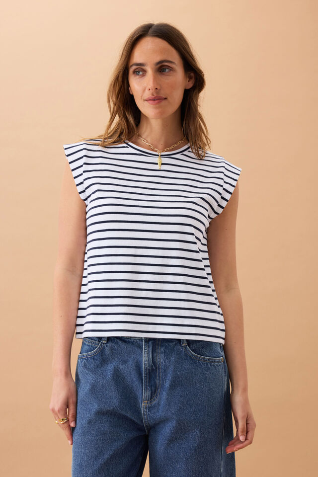 Extended Shoulder Tee | White/French Navy Stripe