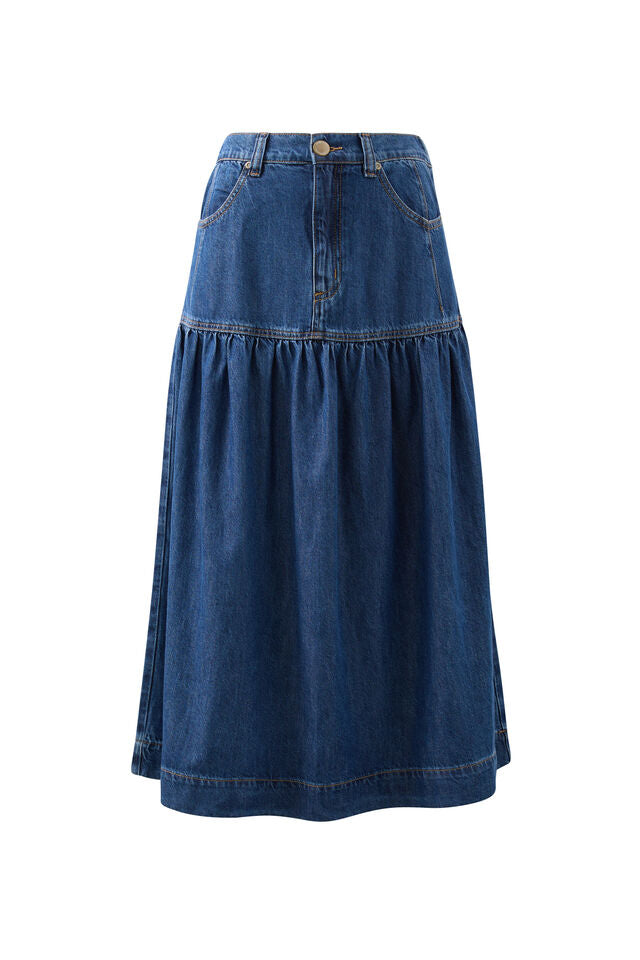 Drop Waist Denim Midi Skirt | Caspian Blue