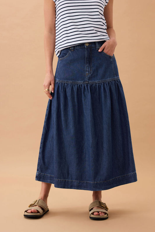 Drop Waist Denim Midi Skirt | Caspian Blue