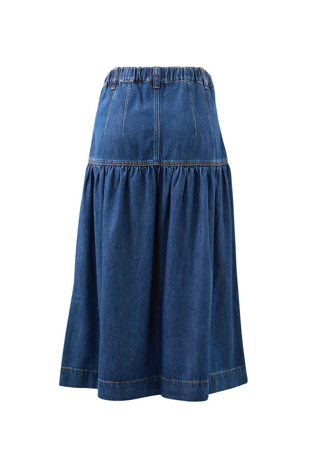Drop Waist Denim Midi Skirt | Caspian Blue