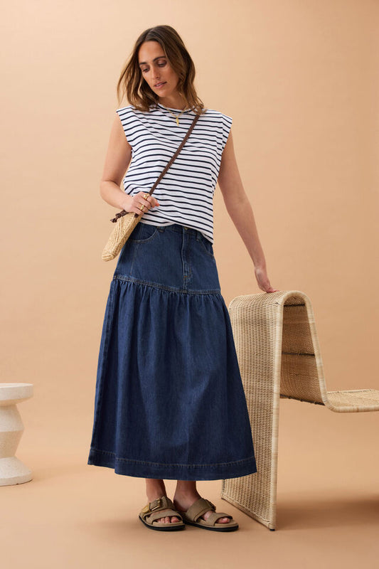 Drop Waist Denim Midi Skirt | Caspian Blue