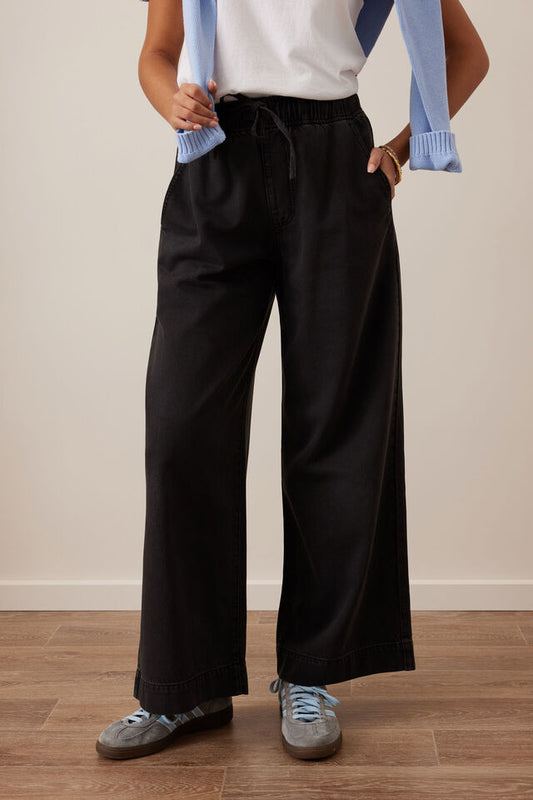 Andie Wide Leg Drawstring Pant | Washed Black