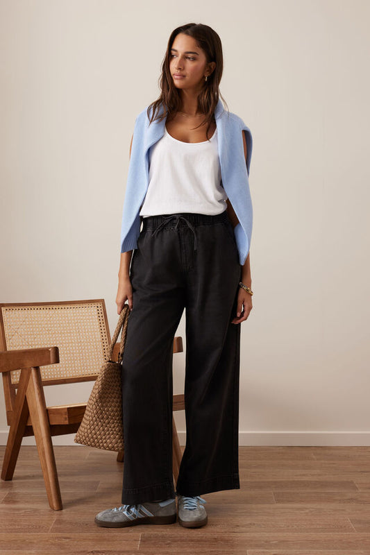 Andie Wide Leg Drawstring Pant | Washed Black