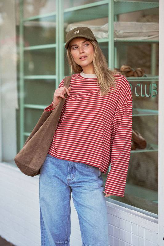 Beau Long Sleeve Slouchy Tee | Mulberry Red/Stone Stripe