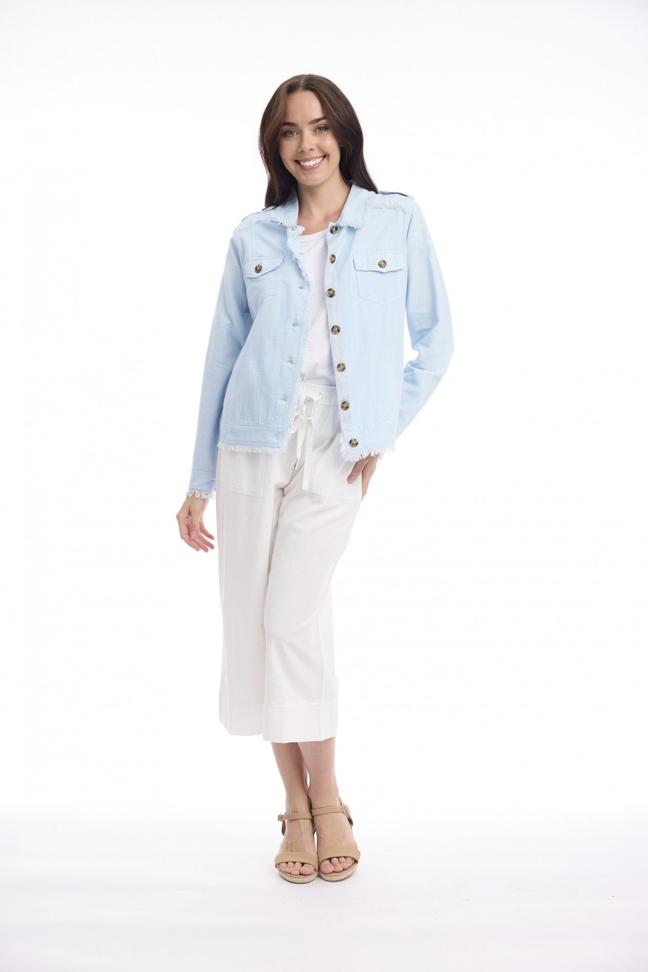 Linen Fringe Jacket | Sky