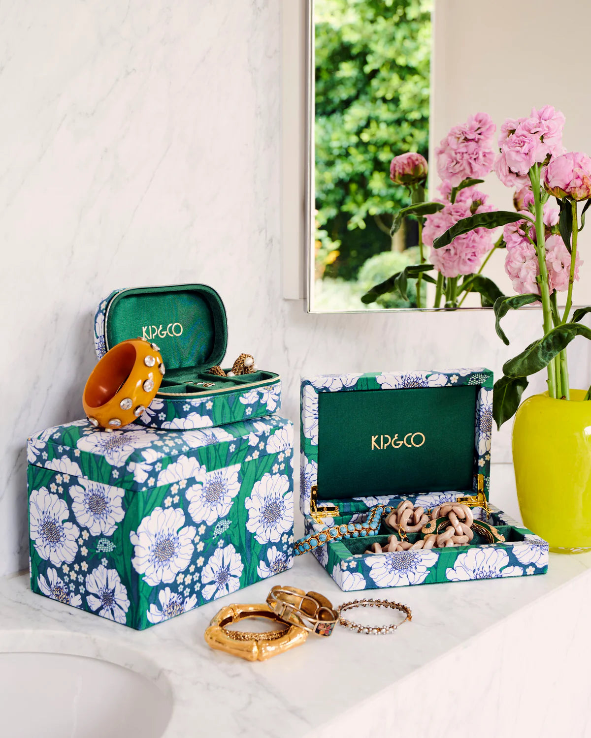 Velvet Jewellery Box Large | Tumbling Flowers Green