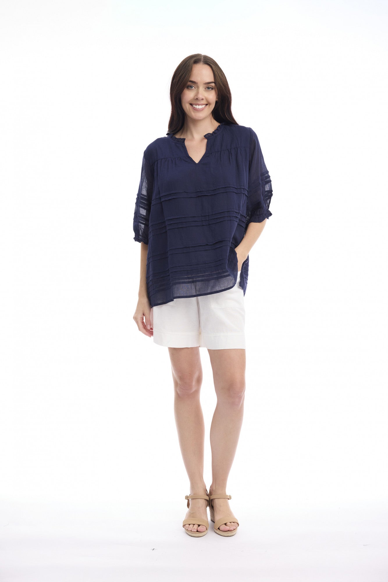 Cotton Gauze Pleated Top | Navy