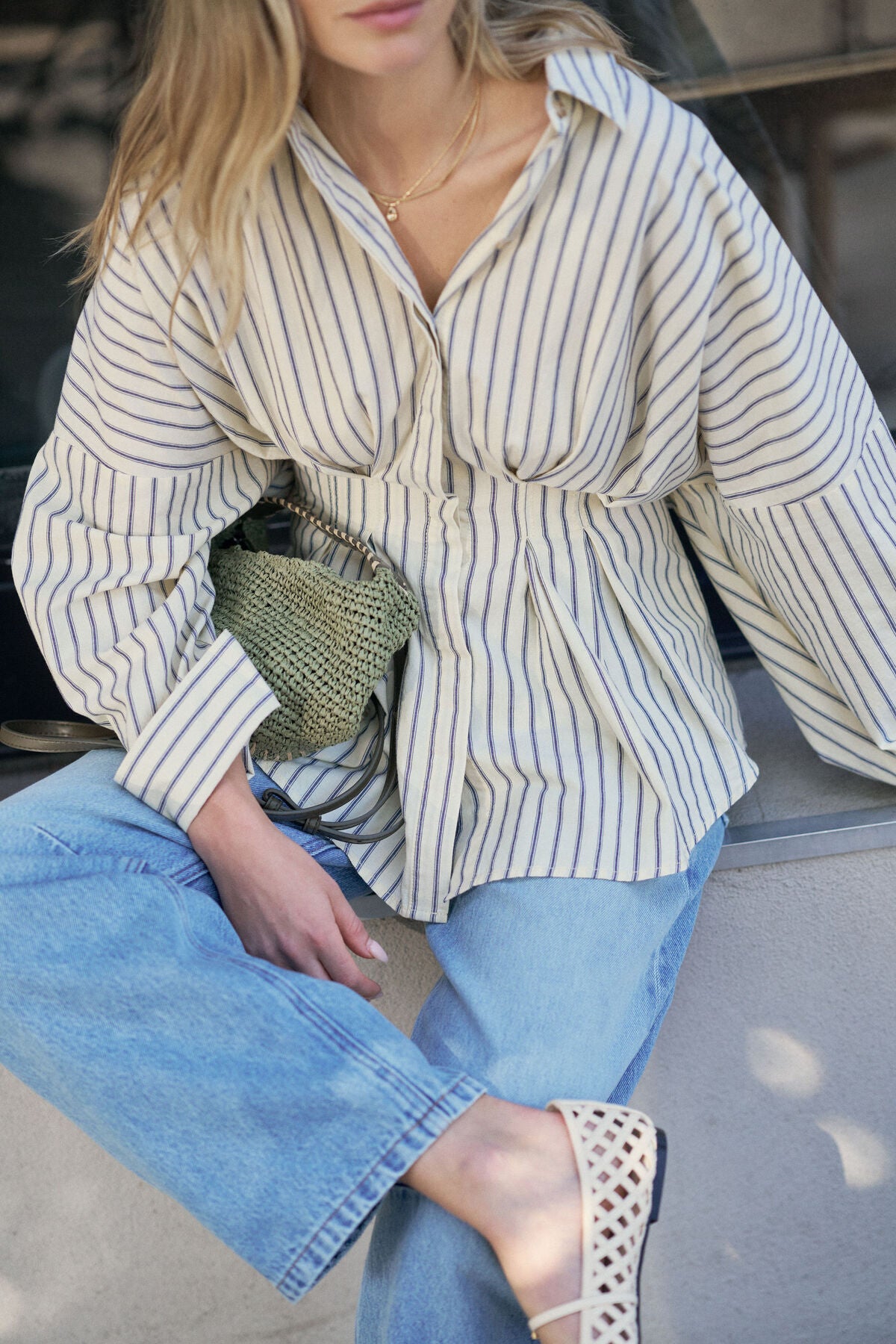 **COMING SOON** Ella Pleat Shirt | Butter/Navy Stripe