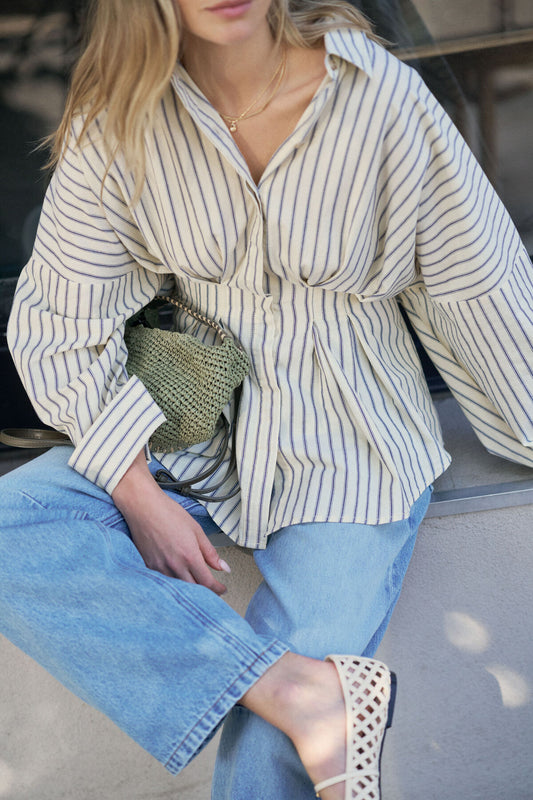 Ella Pleat Shirt | Butter/Navy Stripe