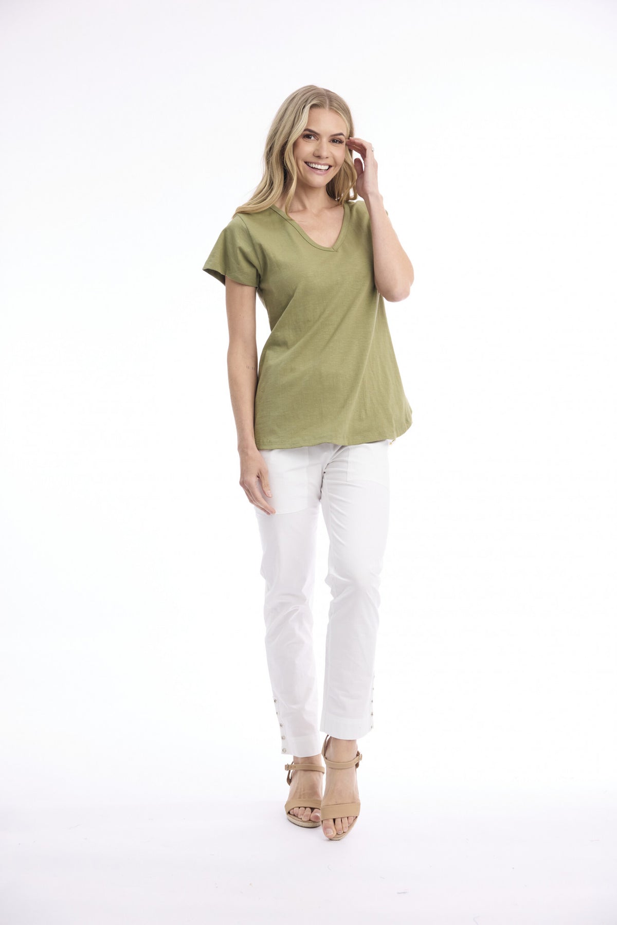 Cotton Knit Tee V | Khaki