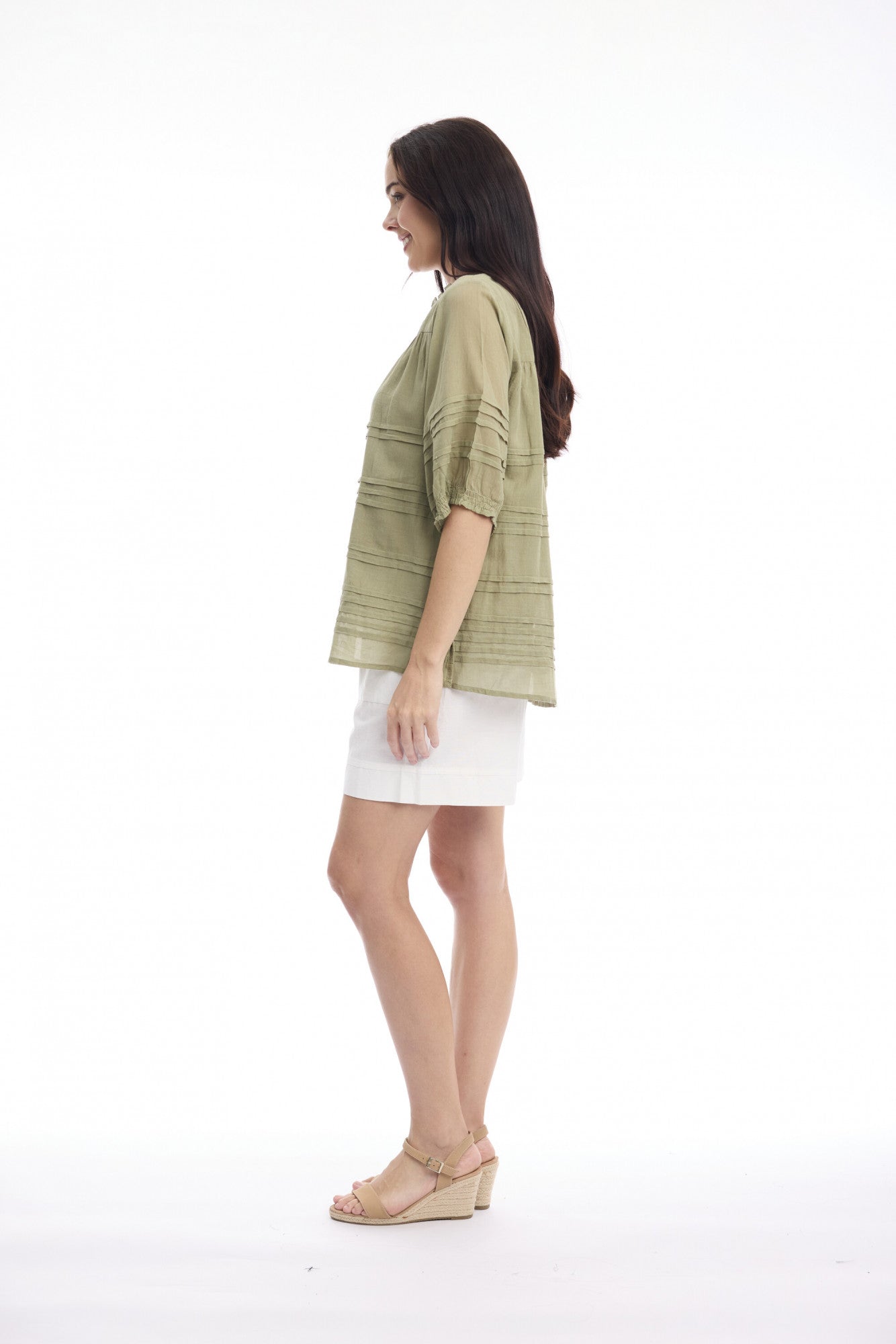 Cotton Gauze Pleated Top | Khaki