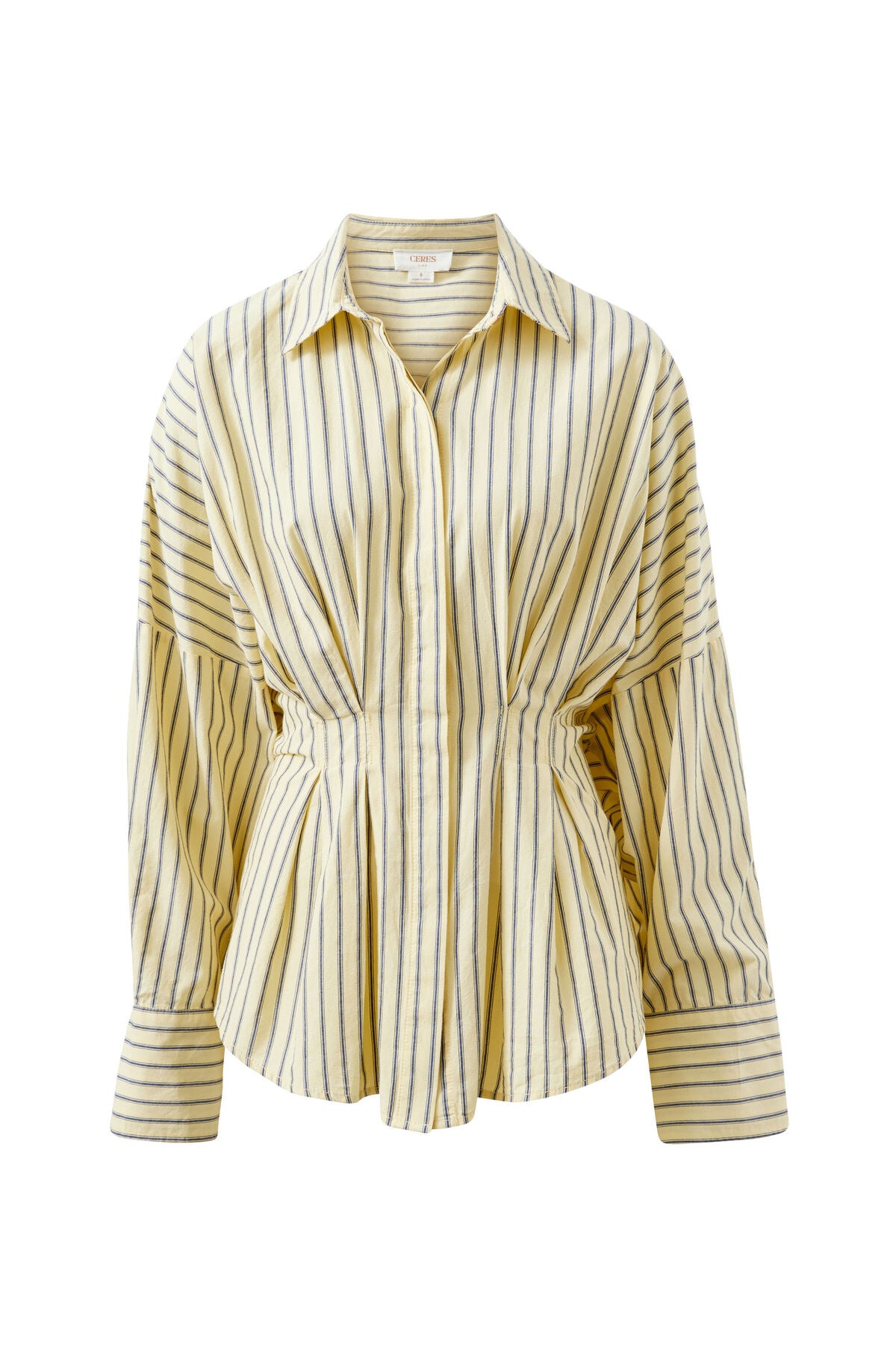 **COMING SOON** Ella Pleat Shirt | Butter/Navy Stripe