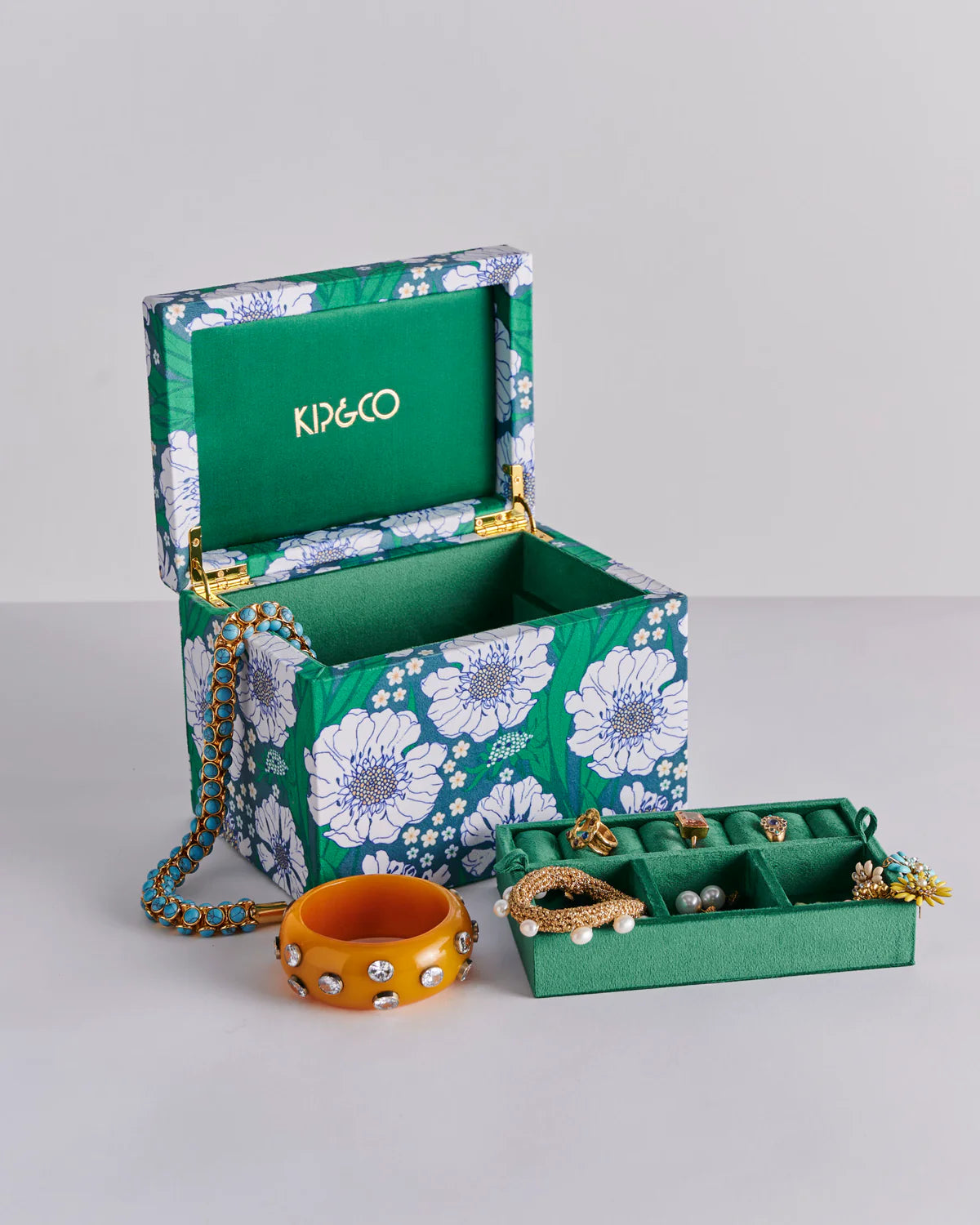 Velvet Jewellery Box Large | Tumbling Flowers Green