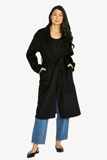 Womens Longline Wrap Coat | Black