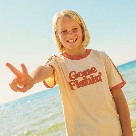 *COMING SOON* Gone Fishin Kids Boxy Ringer Tee in Off White