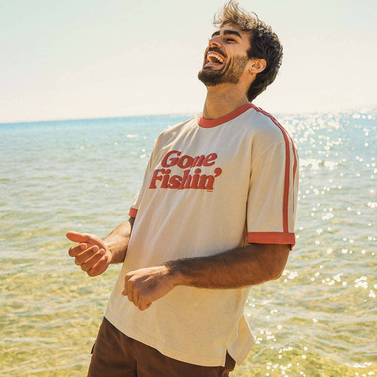 *COMING SOON* Gone Fishin Boxy Ringer Tee in Off White