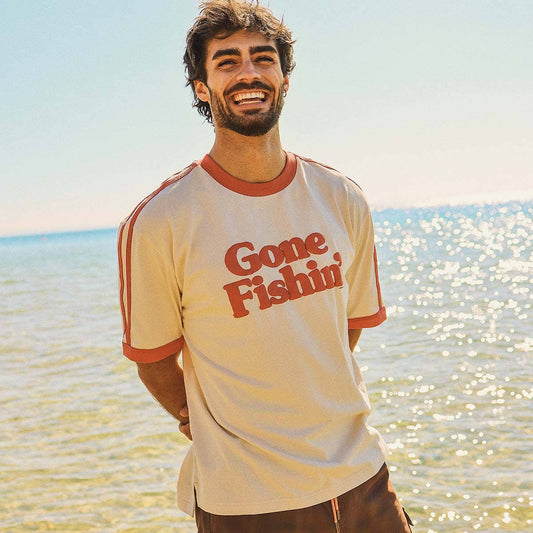 *COMING SOON* Gone Fishin Boxy Ringer Tee in Off White