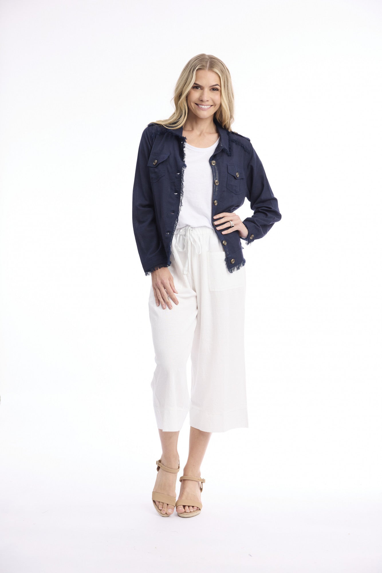 Linen Fringe Jacket | Navy