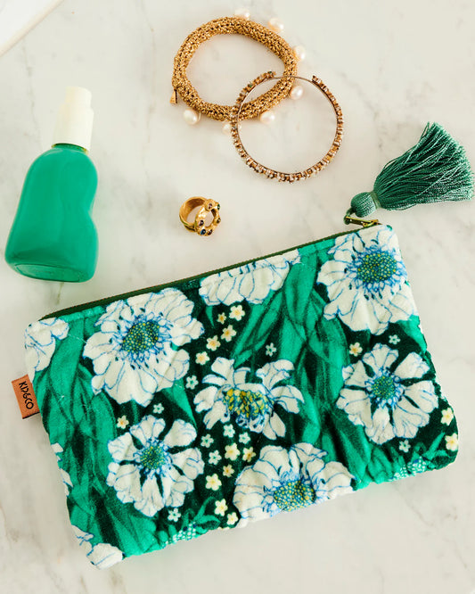 Velvet Cosmetics Purse | Tumbling Flowers Green