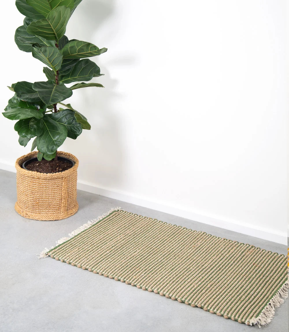 Upcycled Hand Woven Jute Floor Mat | Natural/Green