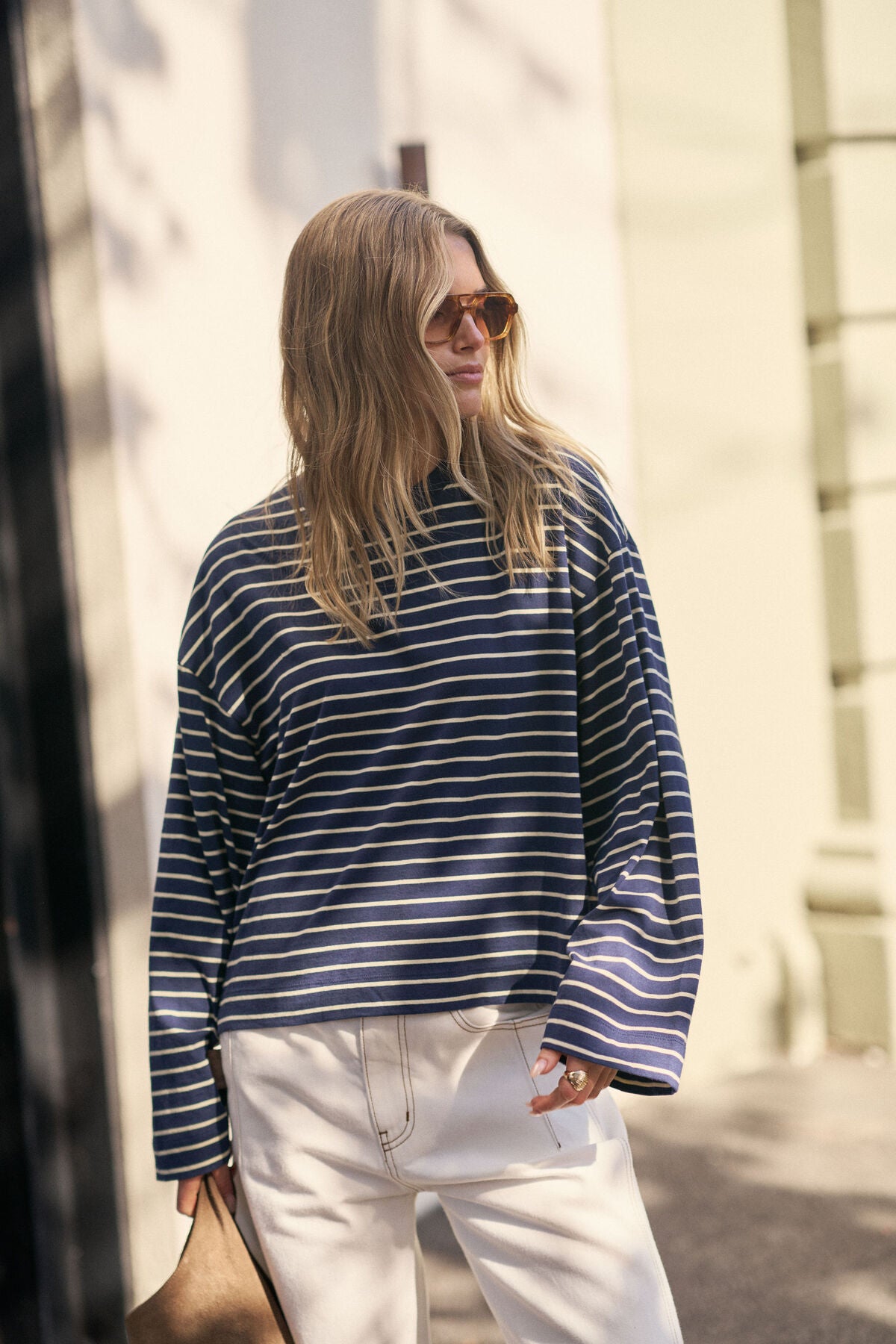 Beau Long Sleeve Slouchy Tee | Heritage Navy Marshmallow Stripe