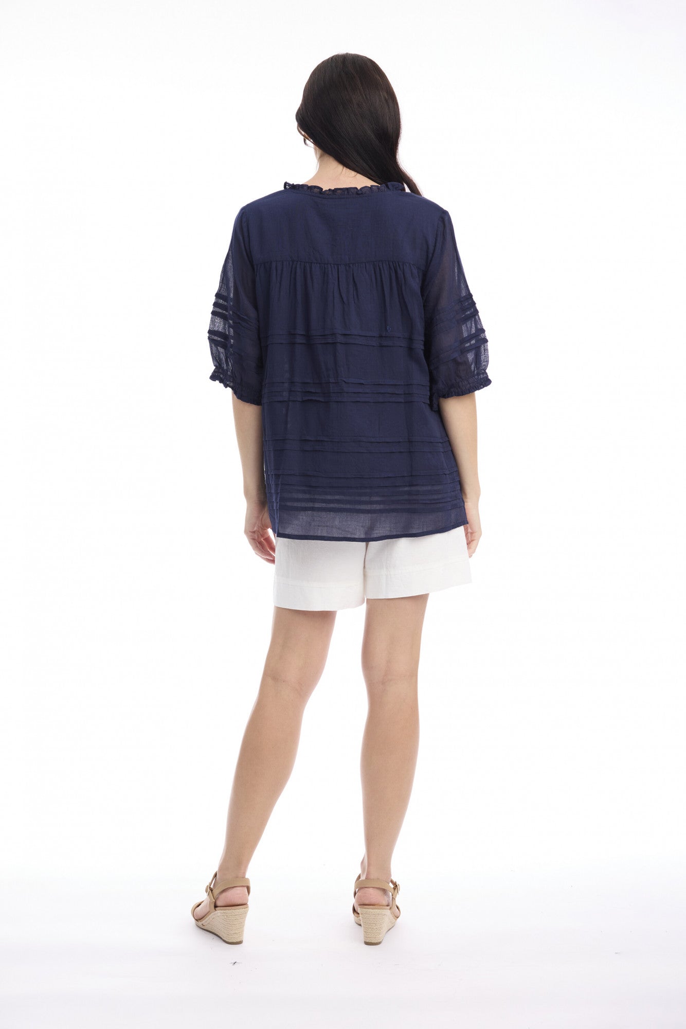 Cotton Gauze Pleated Top | Navy
