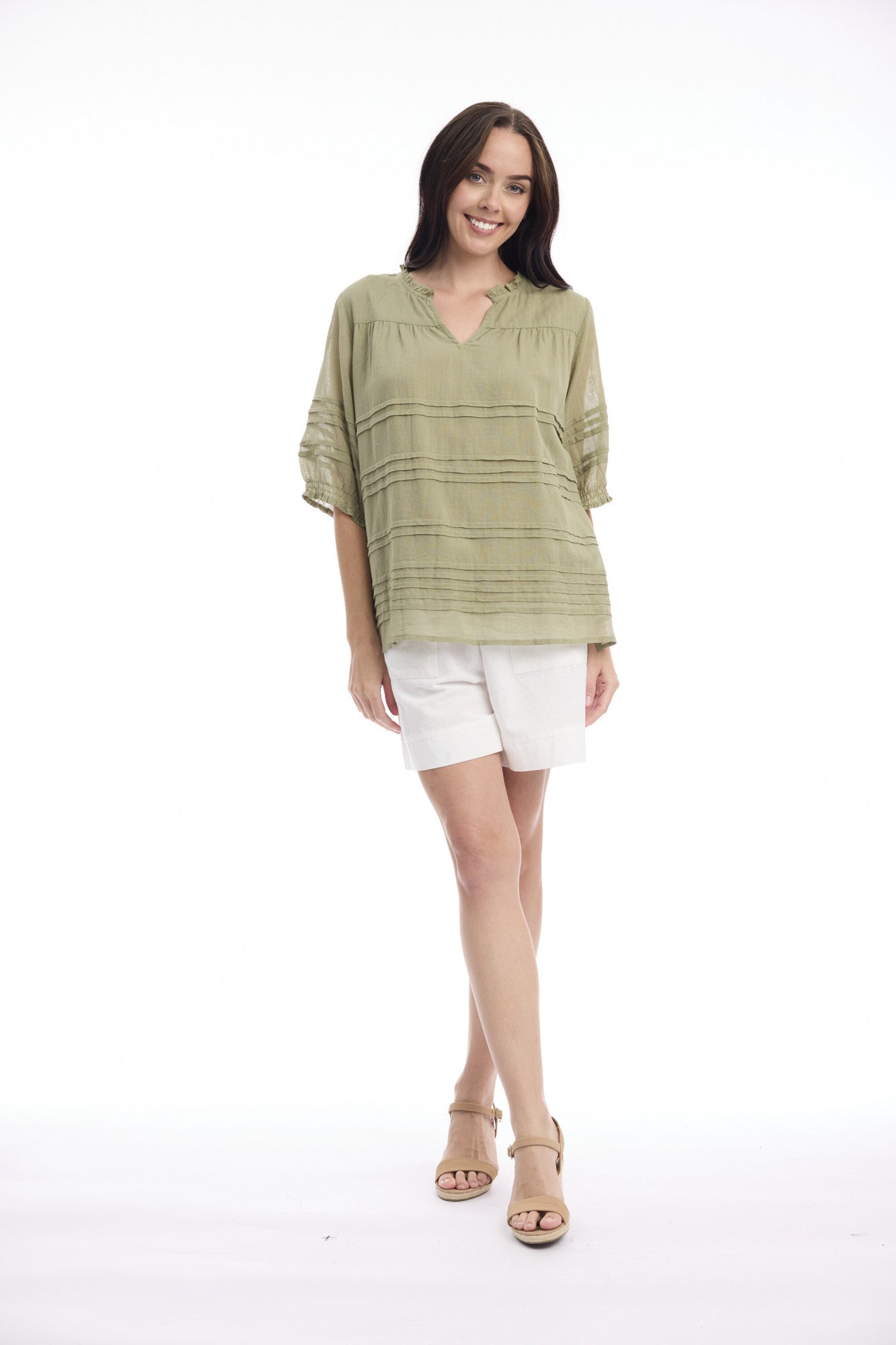 Cotton Gauze Pleated Top | Khaki