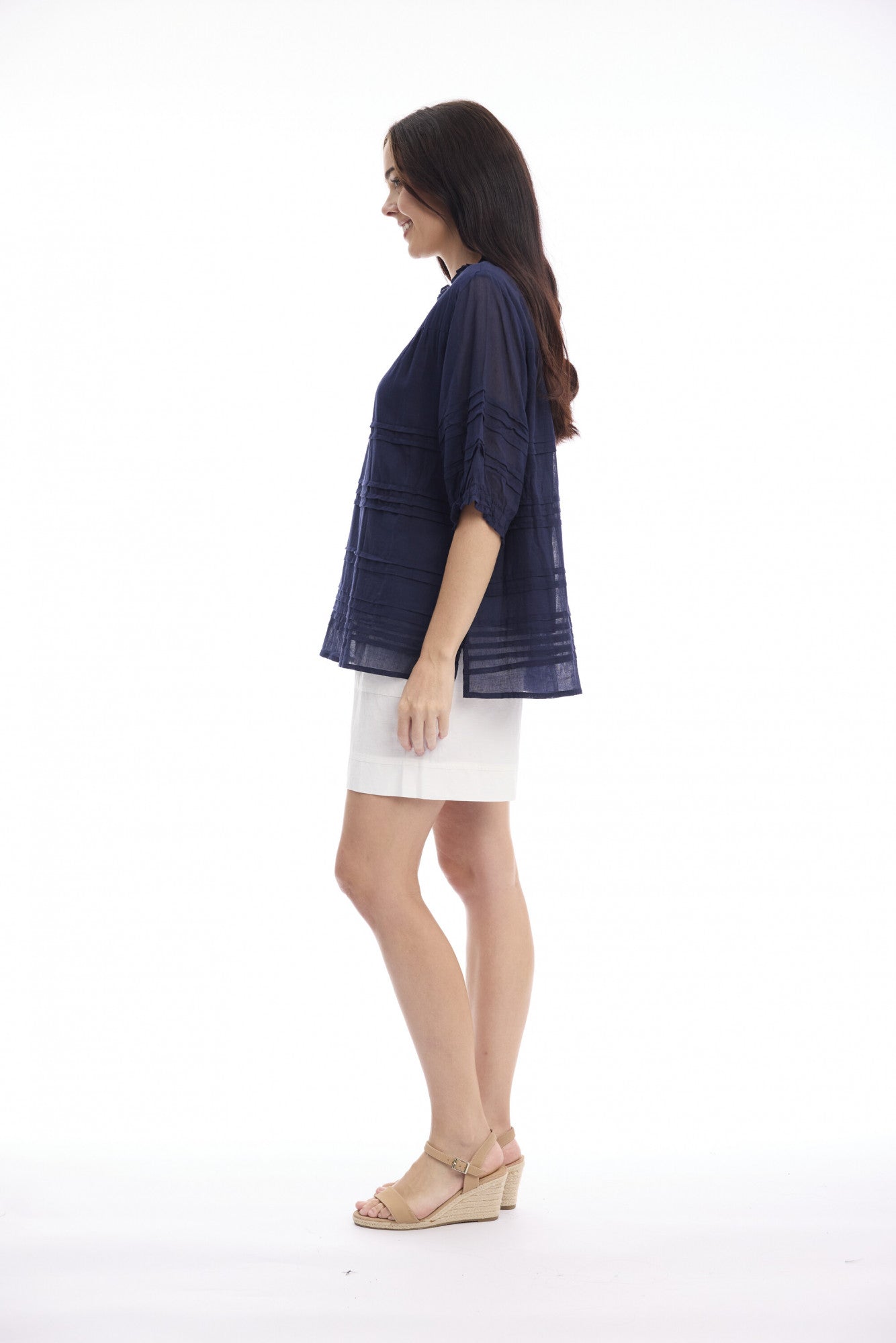 Cotton Gauze Pleated Top | Navy