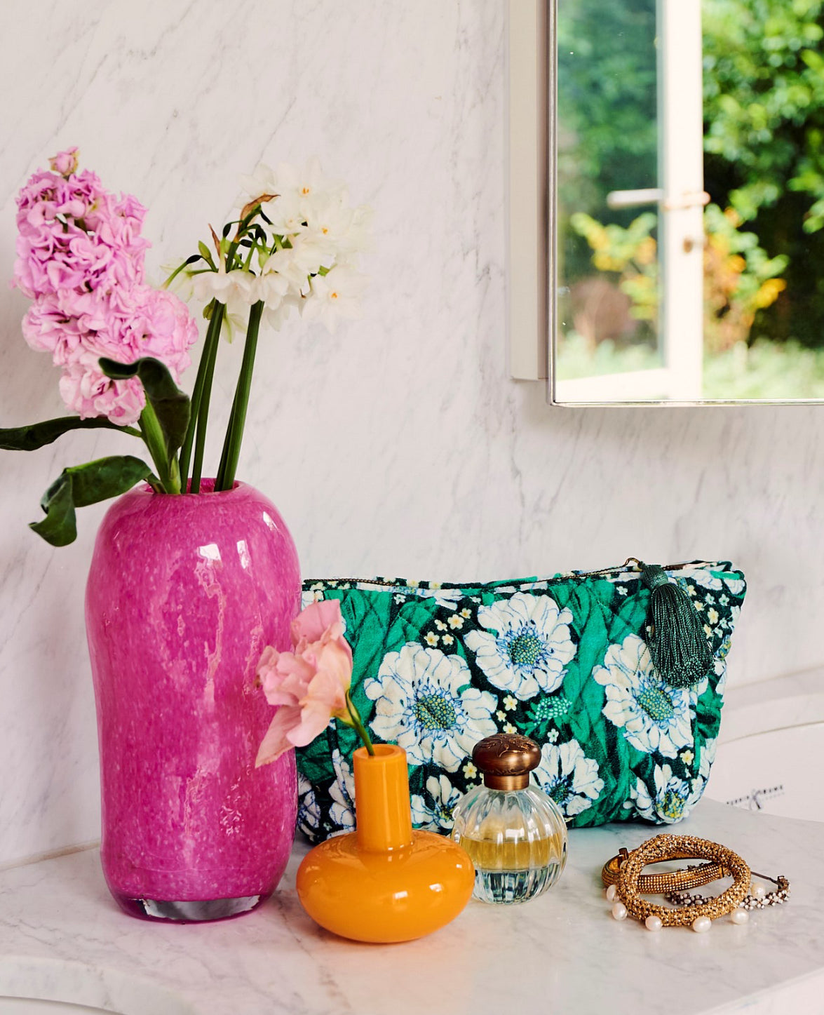 Velvet Toiletry Bag | Tumbling Flowers Green