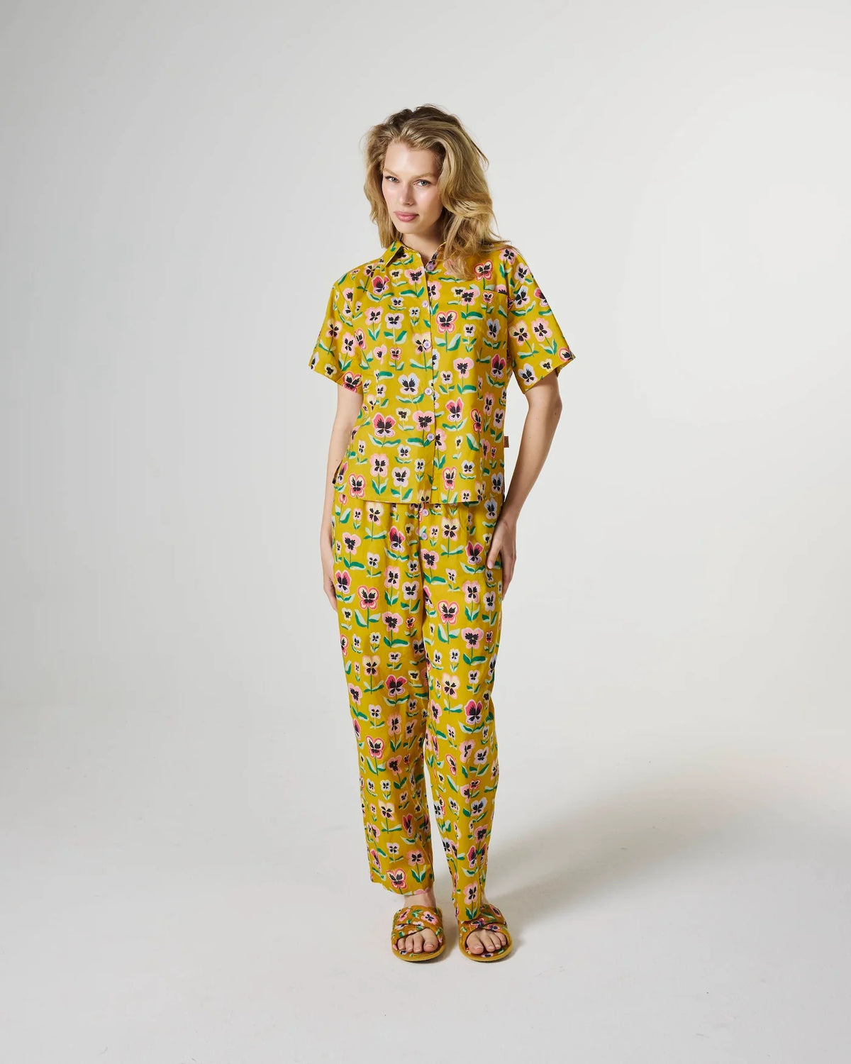 **COMING SOON** Adult Cotton Short Sleeve Shirt and Pant Pyjama | Pretty Pansy Gold