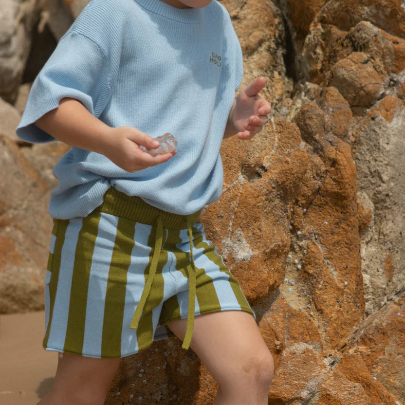 VERTICAL STRIPE KNIT SHORTS: OCEAN/LEAF