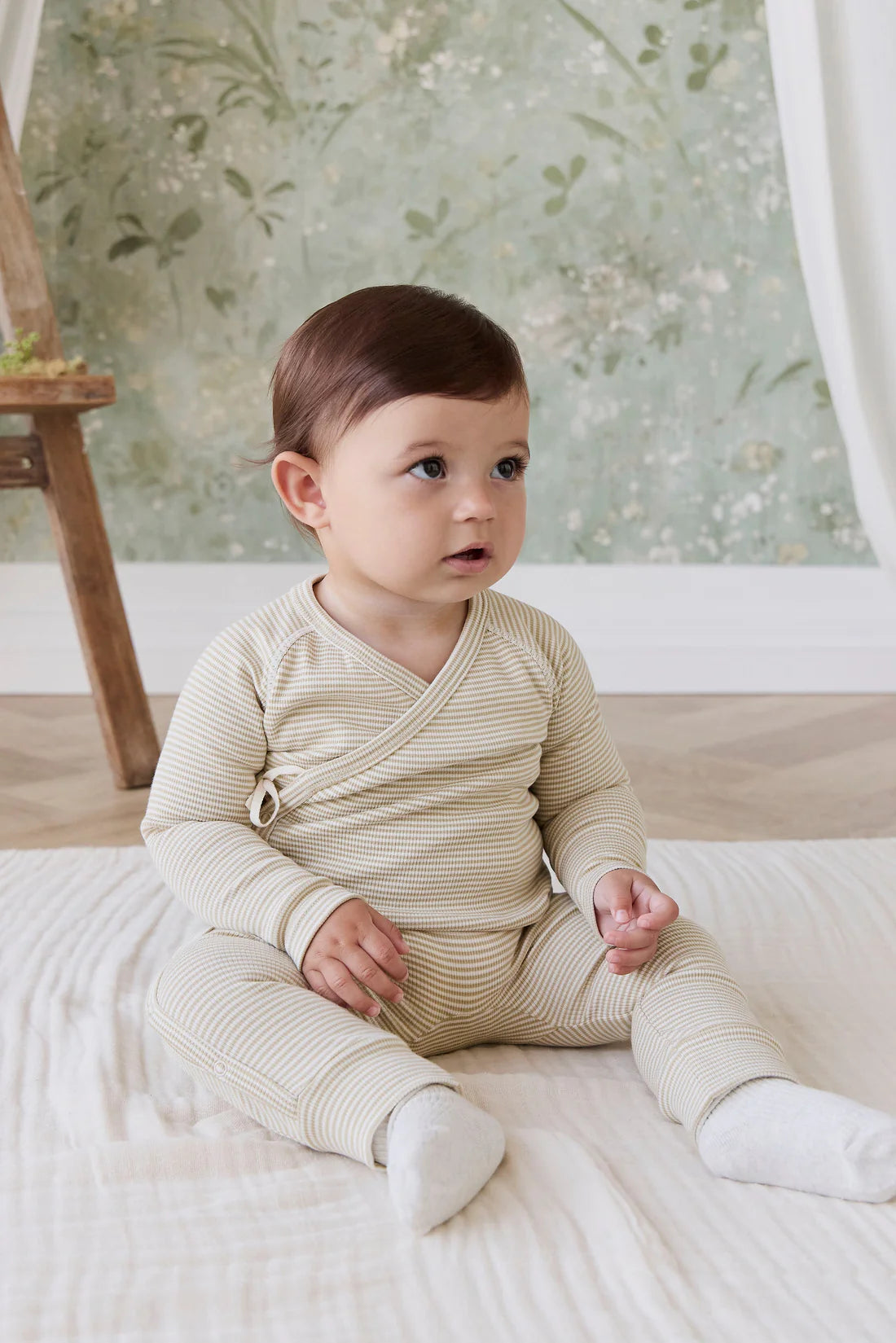 Organic Cotton Fine Rib Micah Wrap Onepiece | Petite Stripe Hay/Cloud