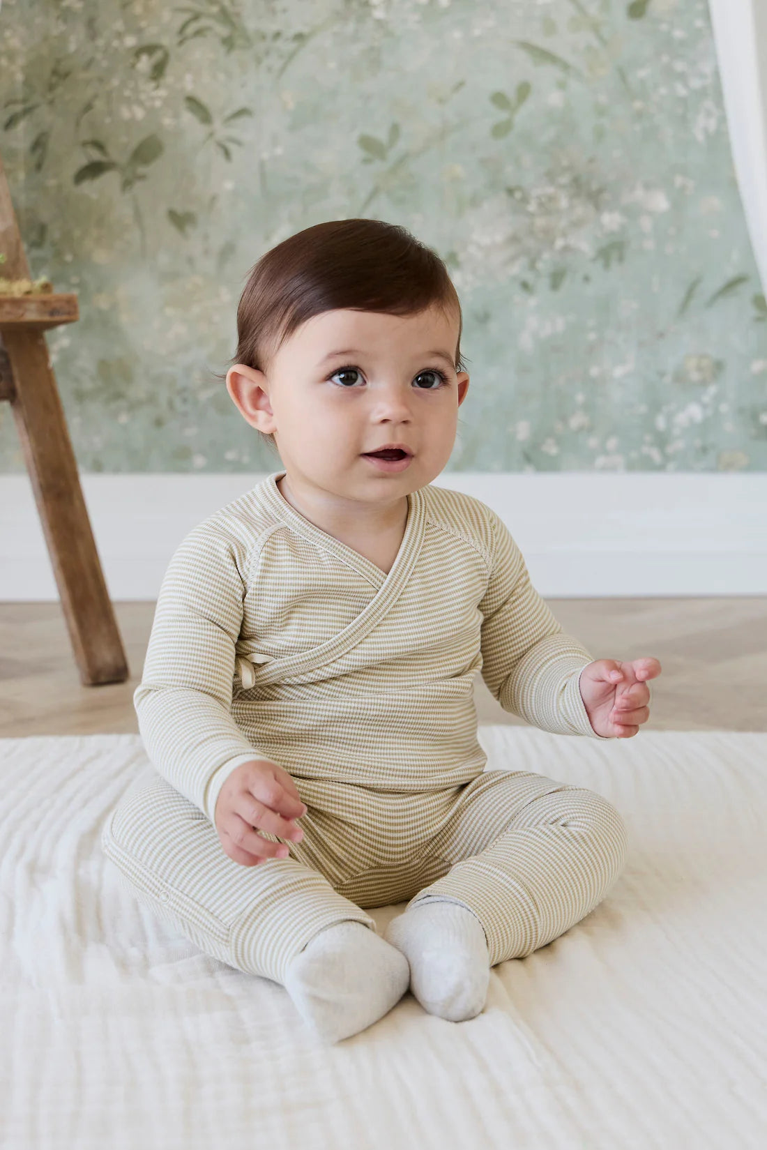 Organic Cotton Fine Rib Micah Wrap Onepiece | Petite Stripe Hay/Cloud