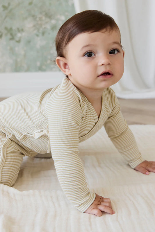 Organic Cotton Fine Rib Micah Wrap Onepiece | Petite Stripe Hay/Cloud