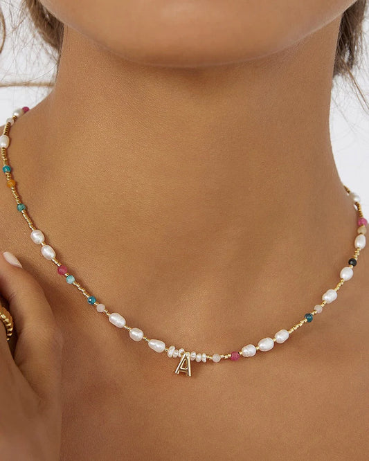 Beaded Gemstone and Pearl Initial Necklace