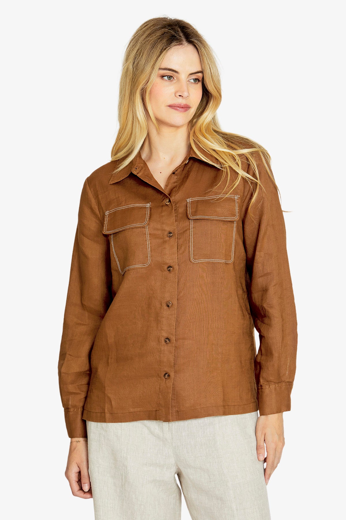 Rita Contrast Stitch Shirt | Coffee