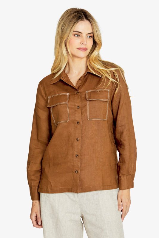 Rita Contrast Stitch Shirt | Coffee