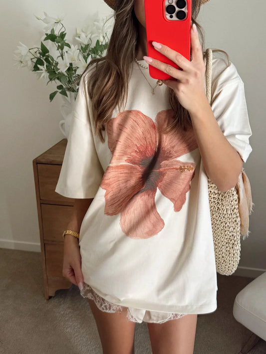 Burgundy Hibiscus Oversize Tee | Ivory