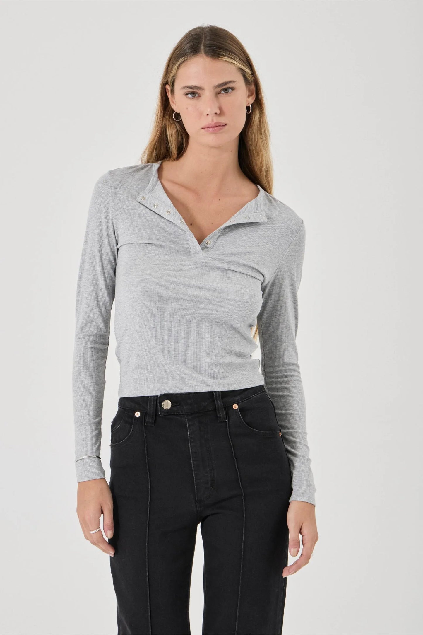Studio Henley Long Sleeve Top | Grey Marle