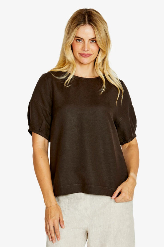 Layla Short Sleeve Button Back Top | Chocolate