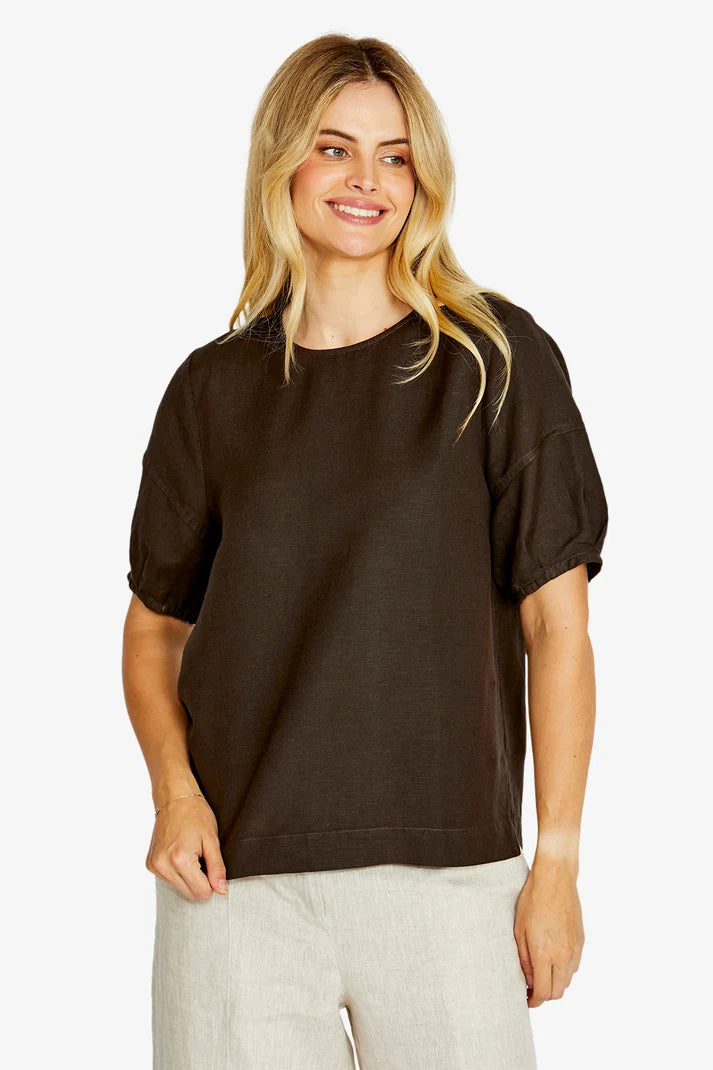 Layla Short Sleeve Button Back Top | Chocolate