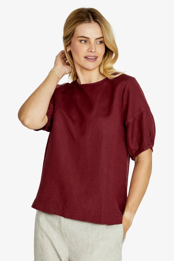 Layla Short Sleeve Button Back Top | Goji Berry